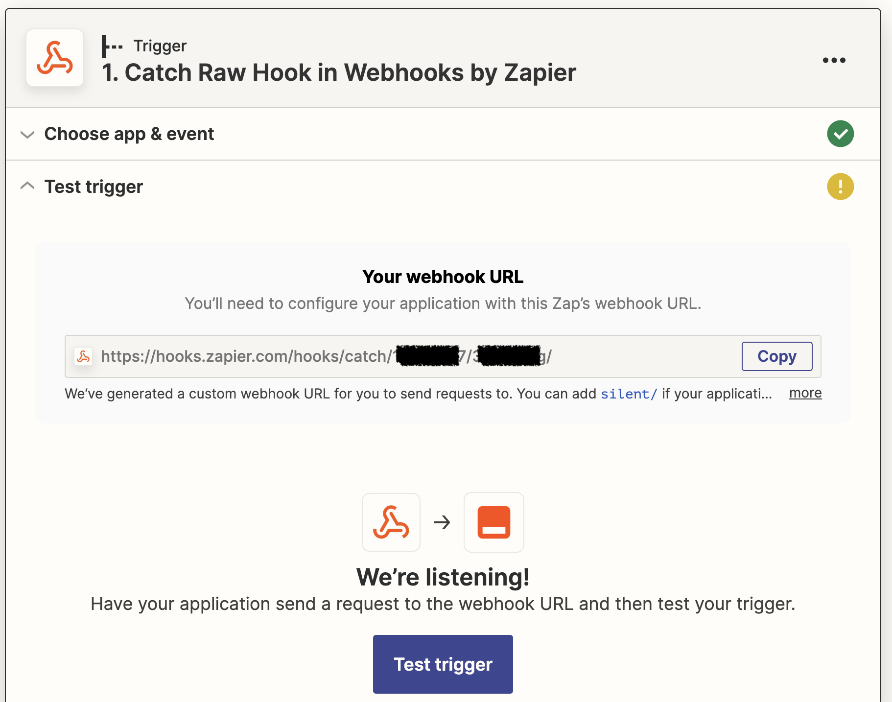 Скриншот интерфейса Zapier, показывающий URL вебхука, готовый к копированию