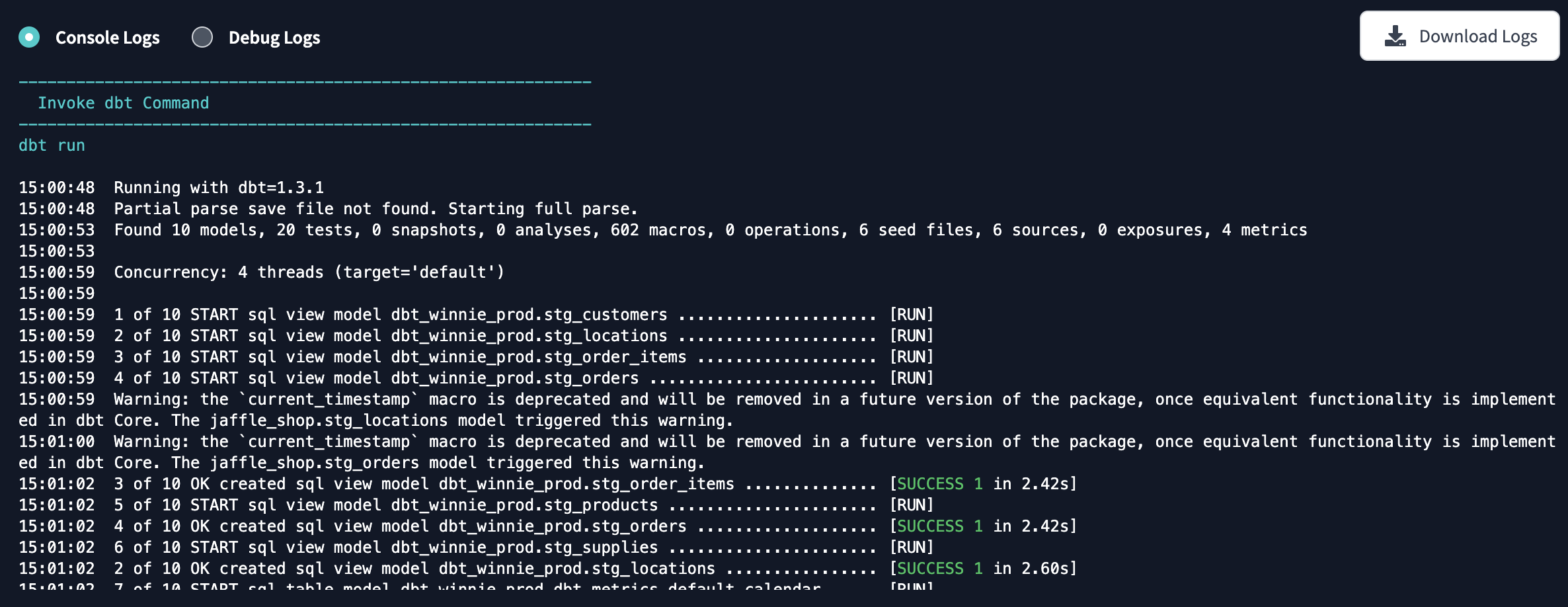 Вывод CLI из команды dbt build