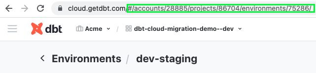 Скриншот браузера dbt Cloud, с выделенным URL в качестве примера, где найти правильный номер ID