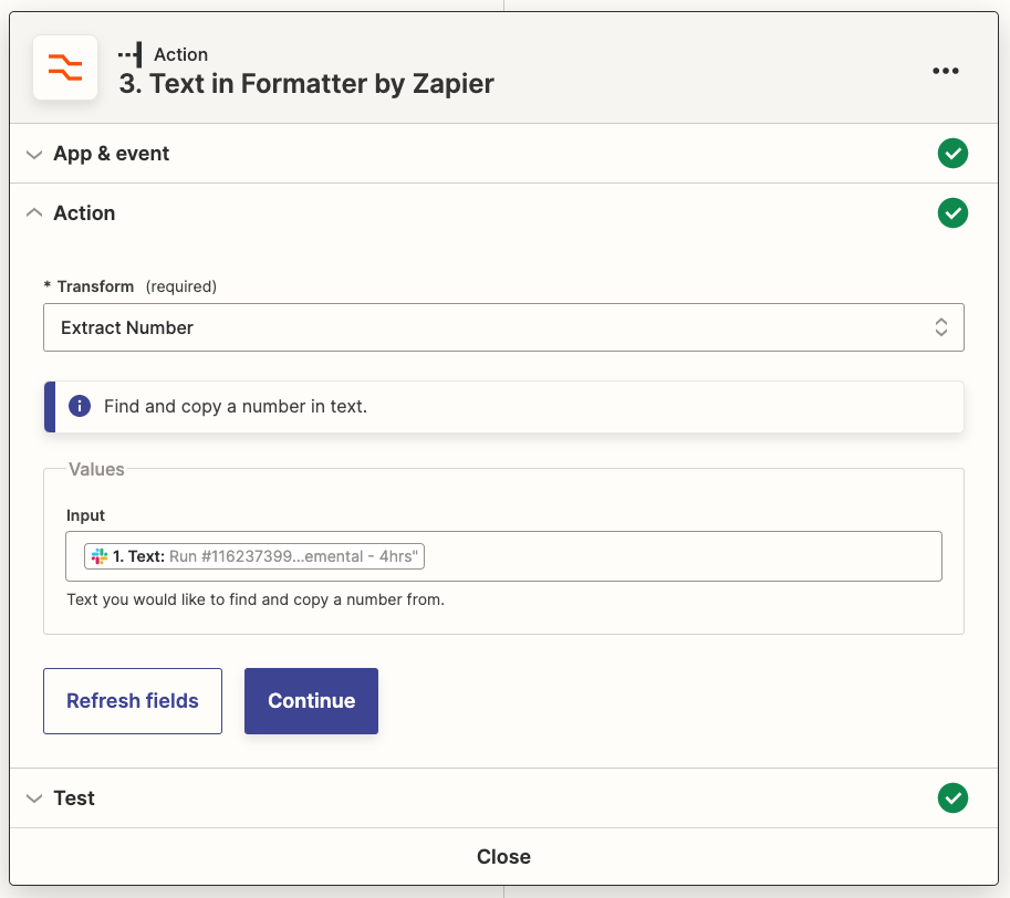 Скриншот интерфейса Zapier, показывающий шаг преобразования, настроенный для извлечения числа из свойства Text сообщения Slack