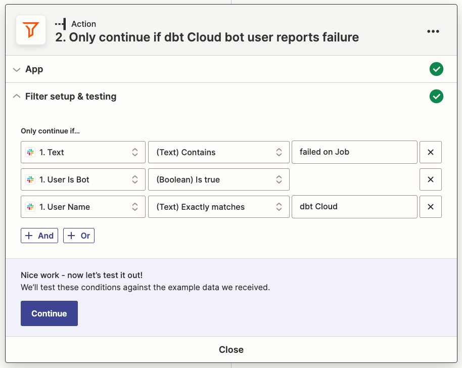 Скриншот интерфейса Zapier, показывающий правильно настроенный шаг фильтрации