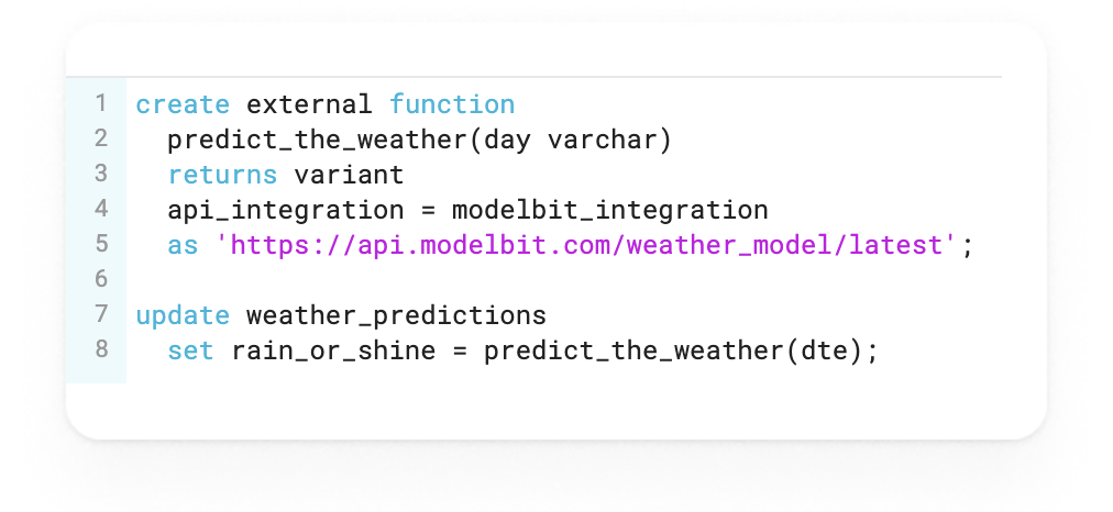 Скриншот фрагмента кода для интеграции API modelbit