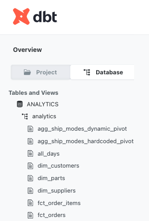 Скриншот, изображающий меню Database view в dbt Cloud IDE, которое показывает вам вывод ваших моделей данных. Рядом с этим представлением находится представление Project view.