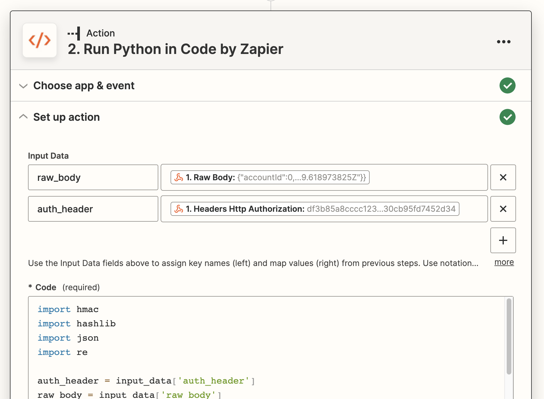Скриншот интерфейса Zapier, показывающий сопоставления raw_body и auth_header