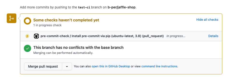 Скриншот выполнения действия GitHub на PR, который выполняет тест pre-commit-check