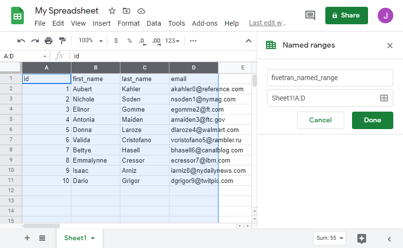 Создание именованного диапазона в Google Sheets для синхронизации через Fivetran Google Sheets Connector