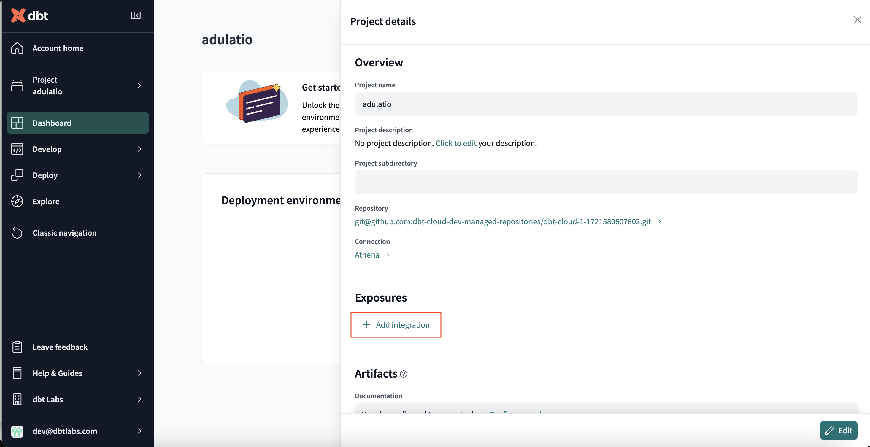 Выберите Добавить интеграцию, чтобы добавить подключение Tableau.