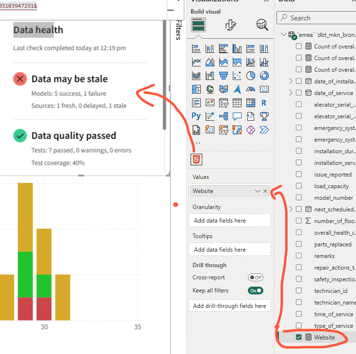 Перетащите метрику с кодом iFrame в виджет HTML content в PowerBI. Теперь это должно отображать вашу плитку состояния данн�ых.