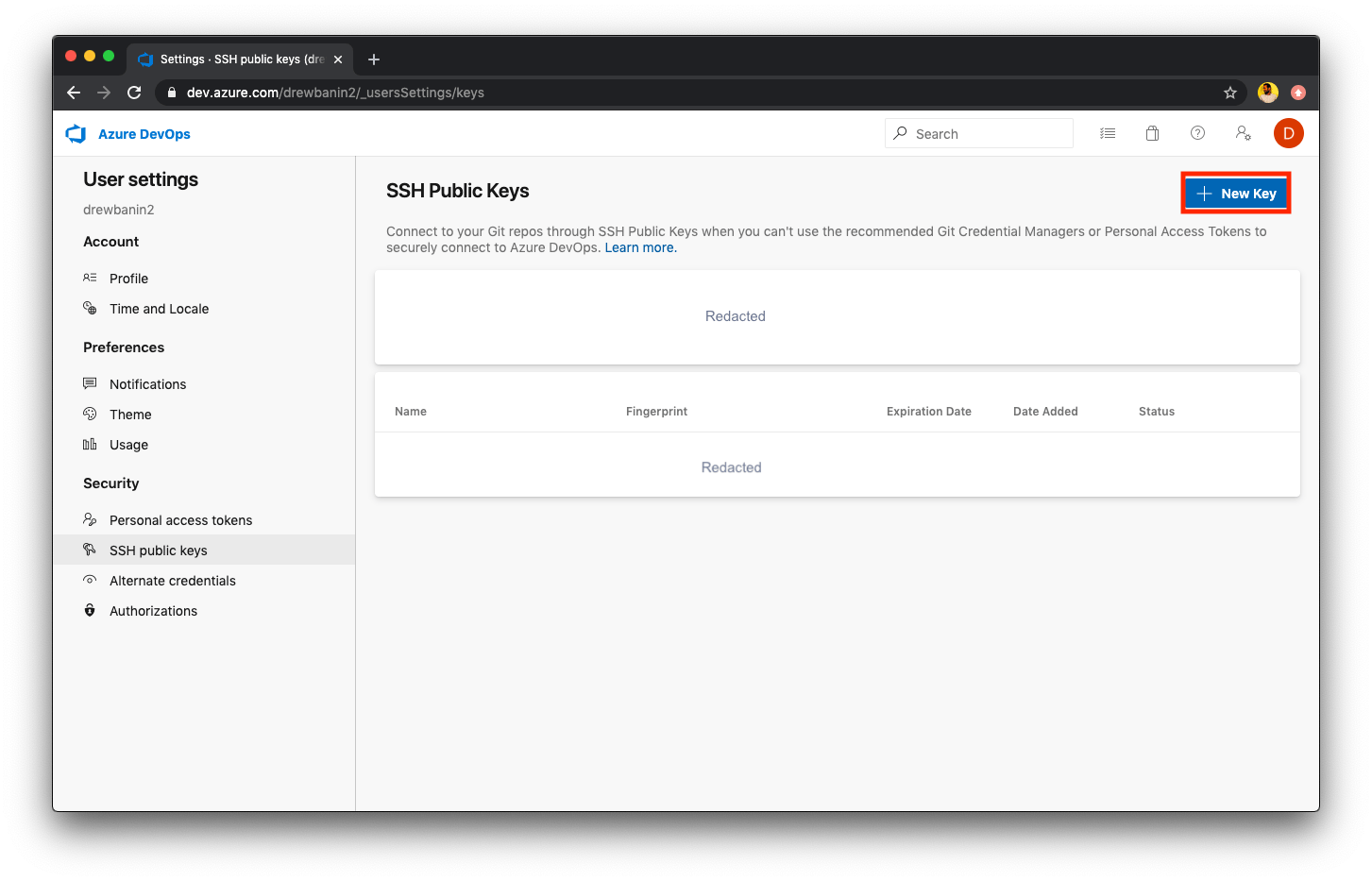 Нажмите кнопку '+ New Key', чтобы создать новый SSH-ключ для репозитория.