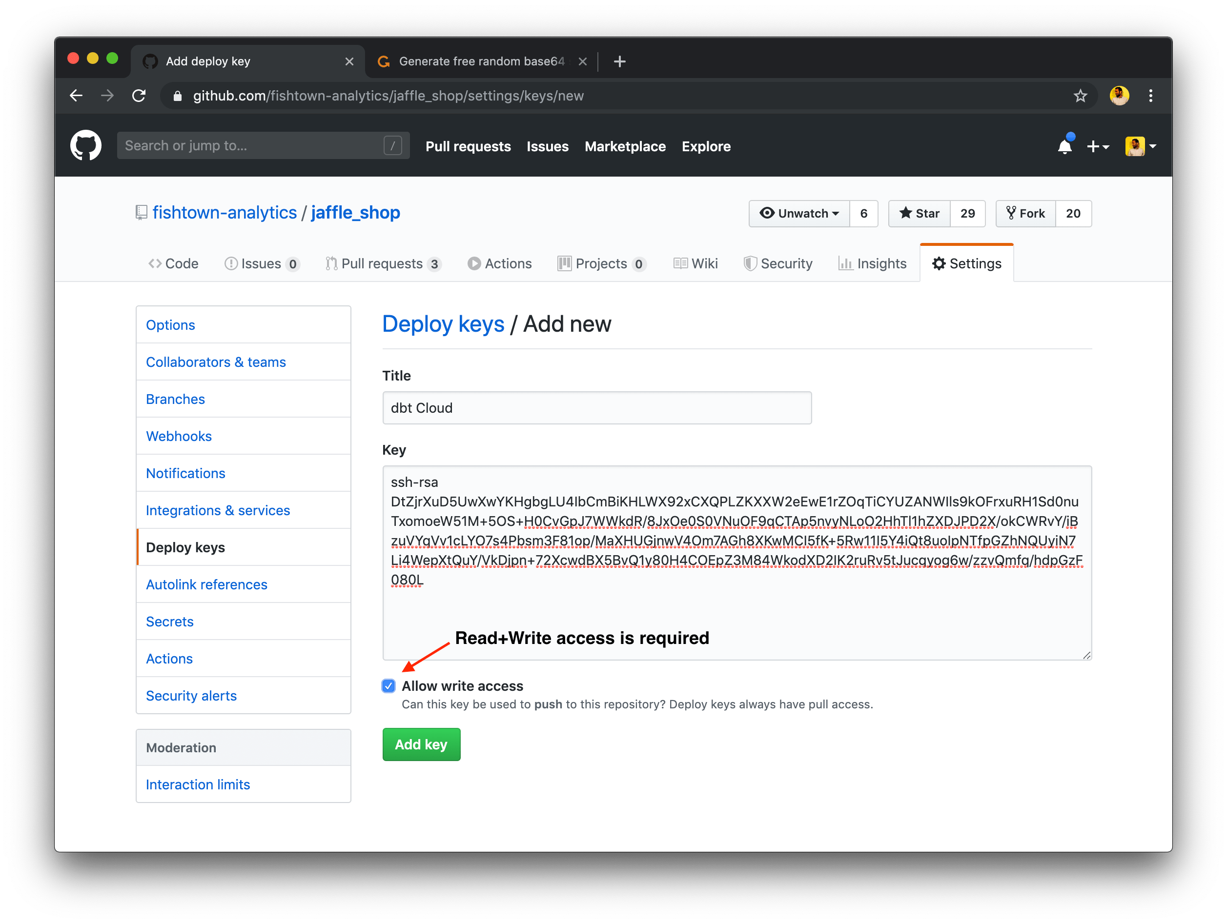 Настройка ключа развертывания GitHub