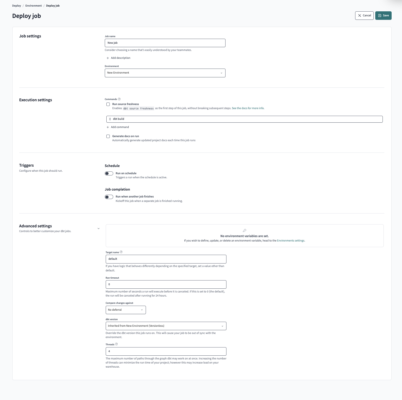 Настройки задания в dbt Cloud