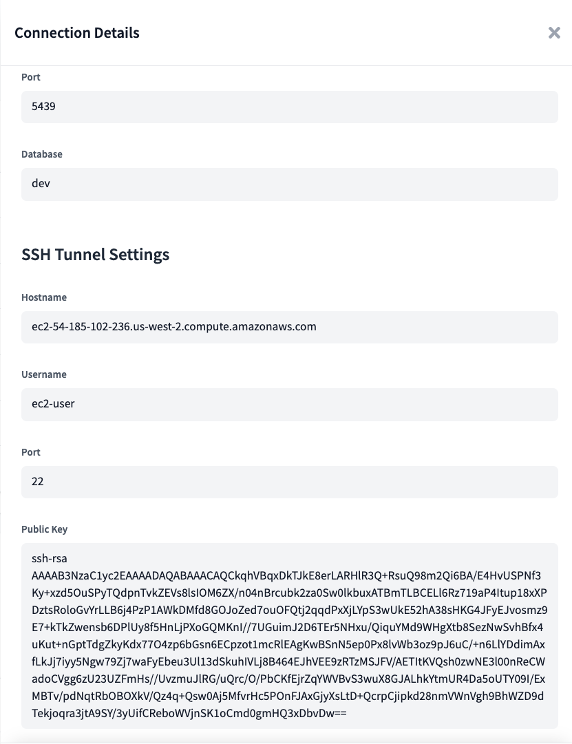 Сгенерированный открытый ключ для подключения Redshift