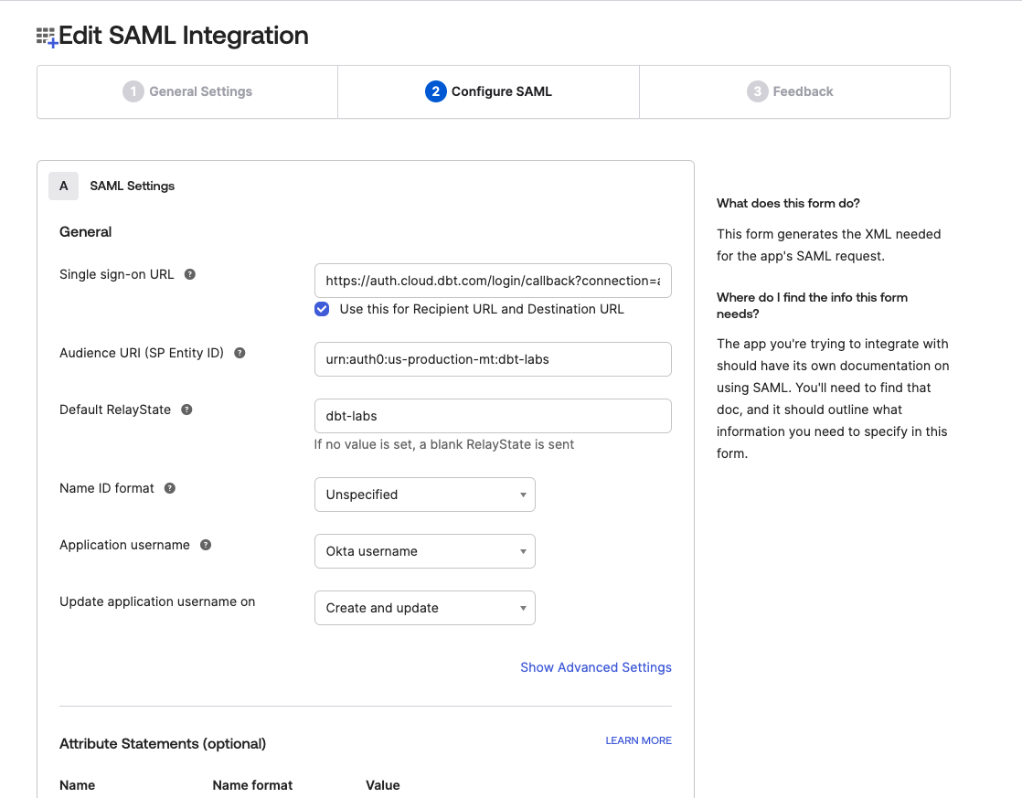 Настройка параметров SAML приложения