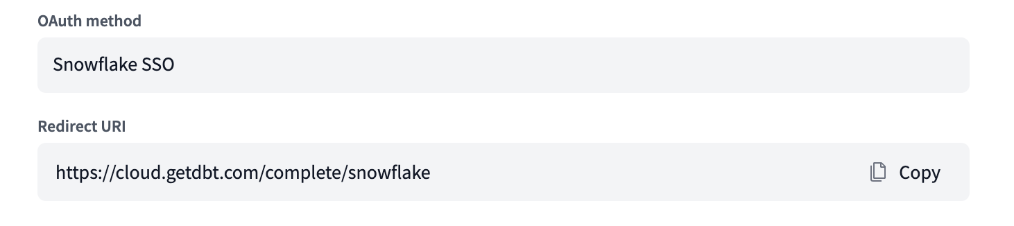 Поля метода OAuth и Redirect URI для подключения Snowflake в dbt Cloud.